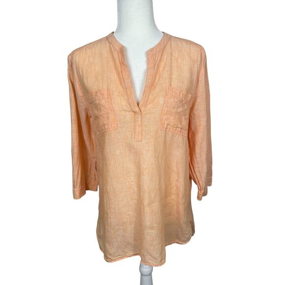 Chico's 100% Linen Popover Tunic Top High low Coastal Resort Peach Sz Large - Picture 1 of 12
